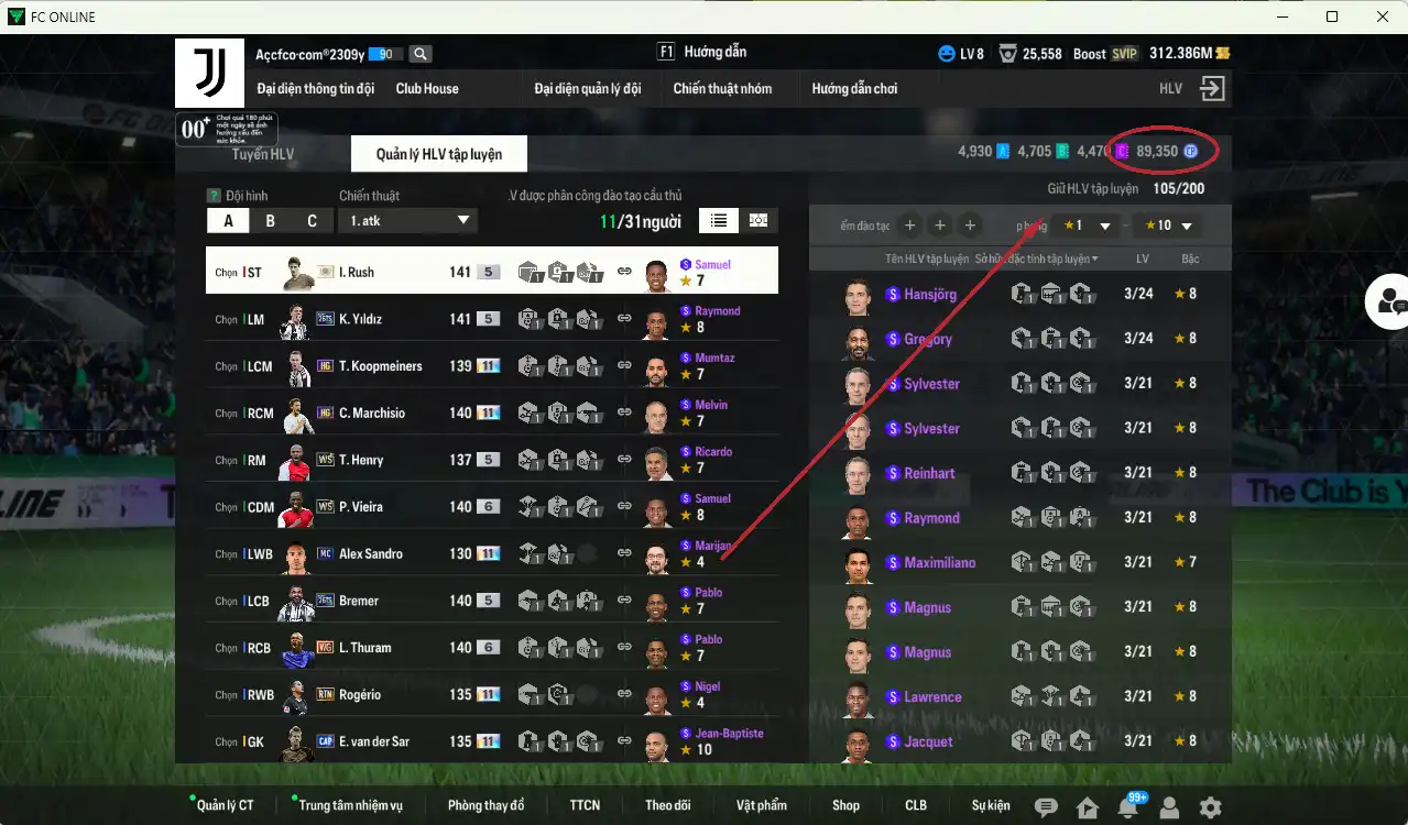 Ảnh Juventus 14.130b có Rush ITM, Thuram WG+6, VDS CAP+11, Sandro MC+11, Yildiz 26TS, Rodério RTN+11, Marchisio RTN+11…  Có thẻ đổi tên, thẻ GIẢM THUẾ. Sẵn nhiều CP vs HLV