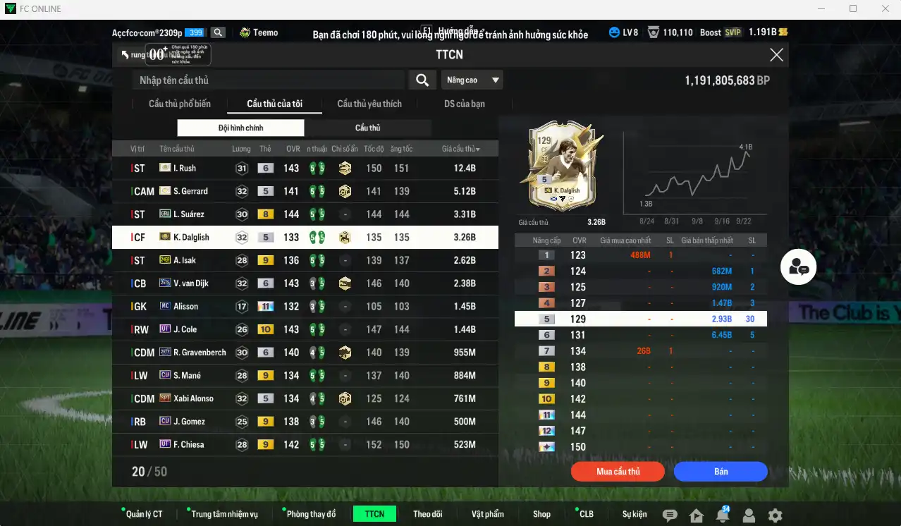 Ảnh Liverpool 36.039b dư 1.1b có Rush ITM+6, Gerrard ITM, Dalglish ITM, Suárez GRY, Isak 24EP+9, Van Dijk 26TS+6, Cole UT+10… Còn nhiều Coin ITM. HLV Xịn