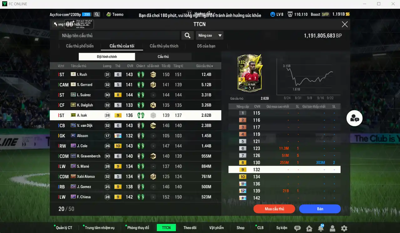 Ảnh Liverpool 36.039b dư 1.1b có Rush ITM+6, Gerrard ITM, Dalglish ITM, Suárez GRY, Isak 24EP+9, Van Dijk 26TS+6, Cole UT+10… Còn nhiều Coin ITM. HLV Xịn