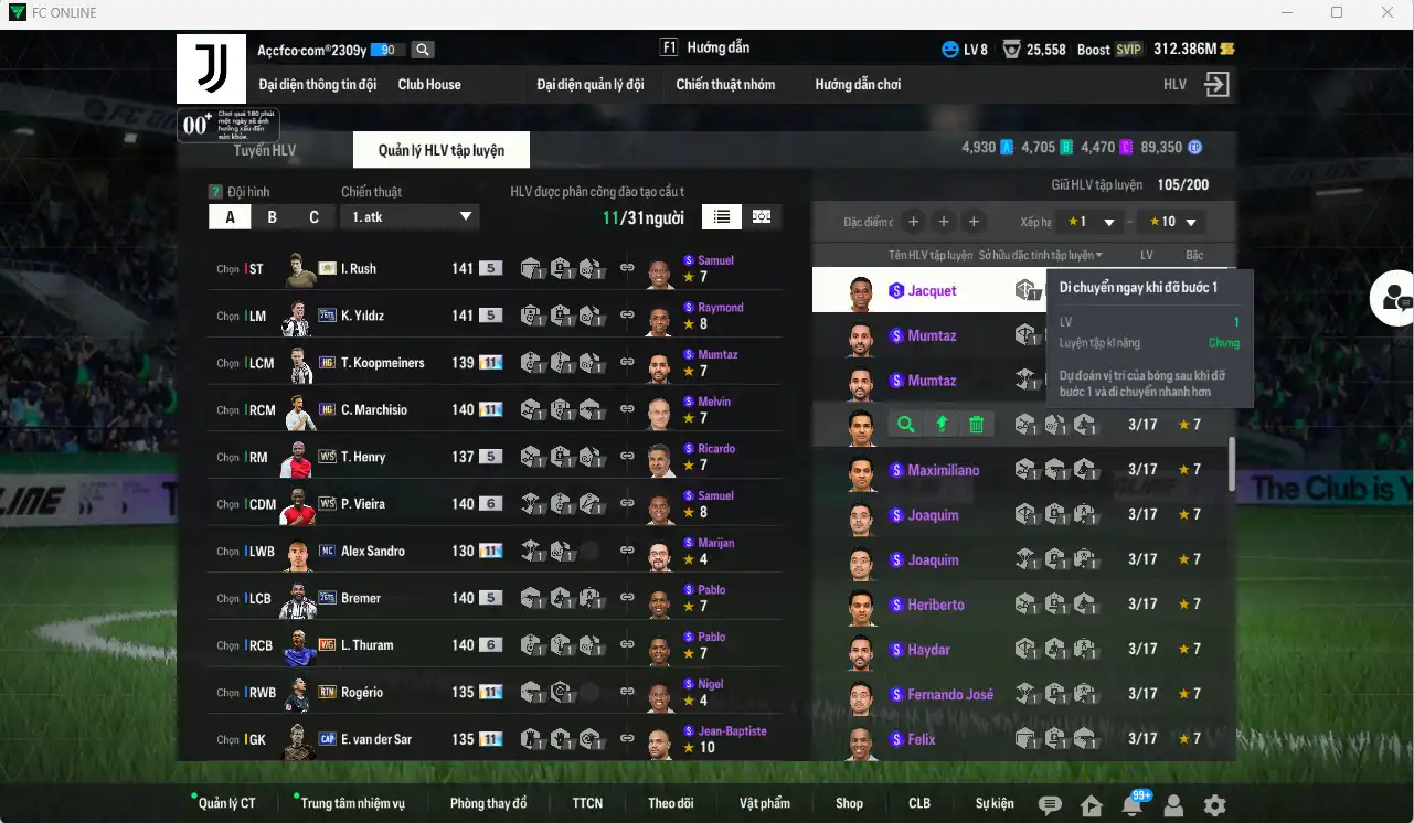 Ảnh Juventus 14.130b có Rush ITM, Thuram WG+6, VDS CAP+11, Sandro MC+11, Yildiz 26TS, Rodério RTN+11, Marchisio RTN+11…  Có thẻ đổi tên, thẻ GIẢM THUẾ. Sẵn nhiều CP vs HLV