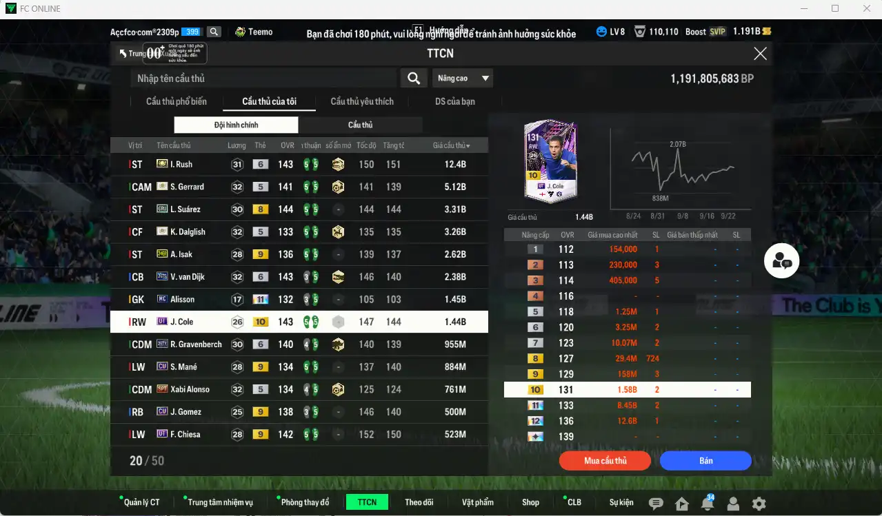 Ảnh Liverpool 36.039b dư 1.1b có Rush ITM+6, Gerrard ITM, Dalglish ITM, Suárez GRY, Isak 24EP+9, Van Dijk 26TS+6, Cole UT+10… Còn nhiều Coin ITM. HLV Xịn