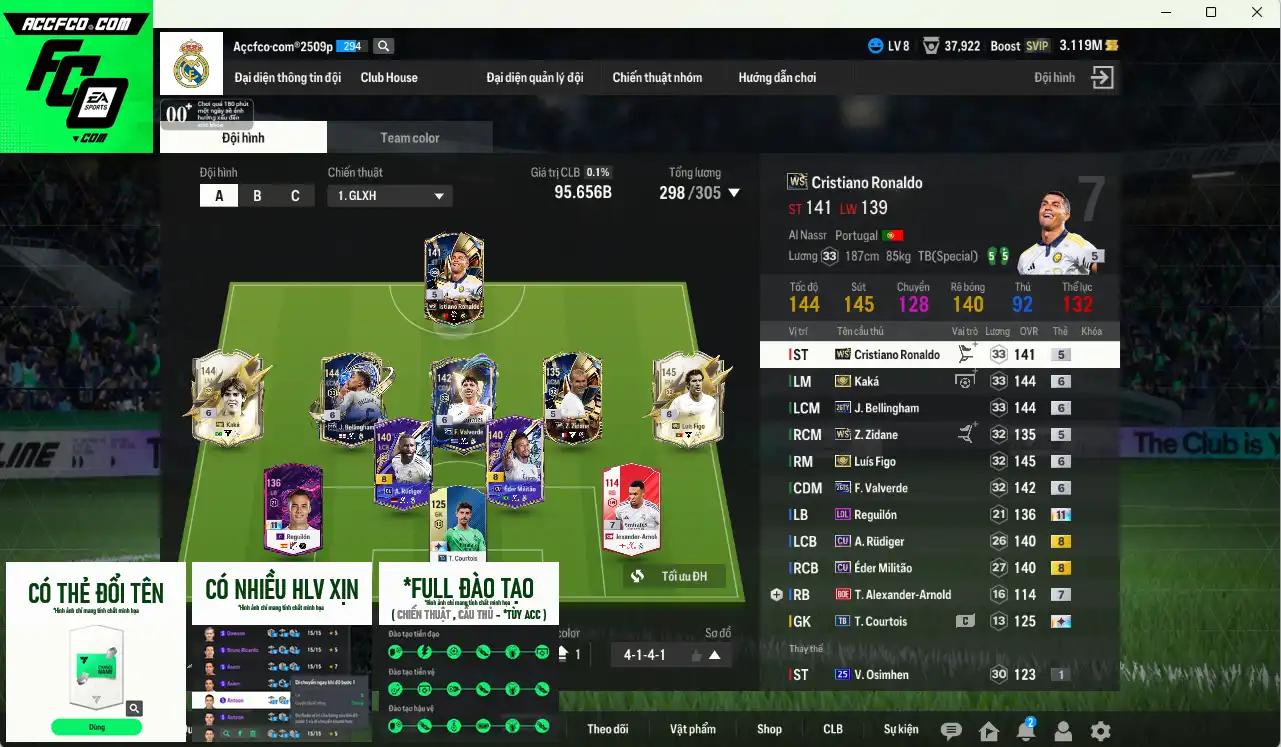 Real Madrid 95.656b có Kaká ITM+6, Figo IT+6, Bellingham 26TY+6, Valverde 26TS+6, CR7 WS… HLV Xịn, đã full đào tạo chiến thuật vs chỉ số ct, còn nhiều CP vs TC