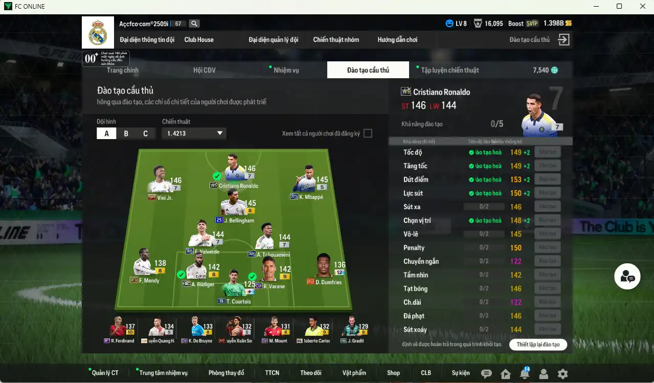 Ảnh Real Madrid 147.979b có CR7 WS+7, Valverde 26TS+7, Bellingham 25UCL+8, Mbappé 26TS, Rudiger FAC, Vini SPT+7, Tchouaméni 26TS+7, Varane CU+9, Mendy DCB… HLV Xịn, đã đào tạo full chỉ số nhiều ct (VIP BK Tháng 10)