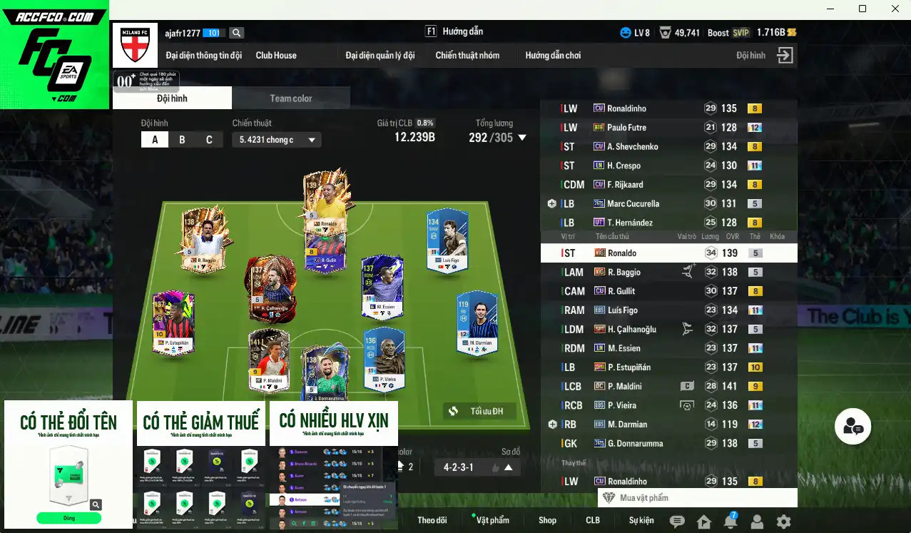 AC Milan 12.239b dư 1,7b có Ronaldo WG, Calhanoglu WG, Baggio WG, Vieira EBS+11, Essien LN+11, Ronaldinho CU… Còn nhiều thẻ GIẢM THUẾ. HLV Xịn