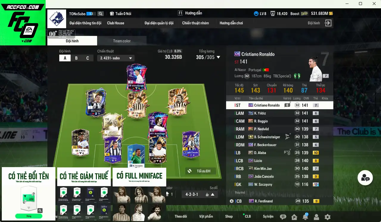 Juventus 30.326b có CR7 CH+7, Kim Min Jae WS+7, Schweinsteiger ITM, Yildiz 26TS+6, Baggio WG+6, Nedved WG+7, Beckenbauer CH+6… Còn thẻ GIẢM THUẾ, Full miniface