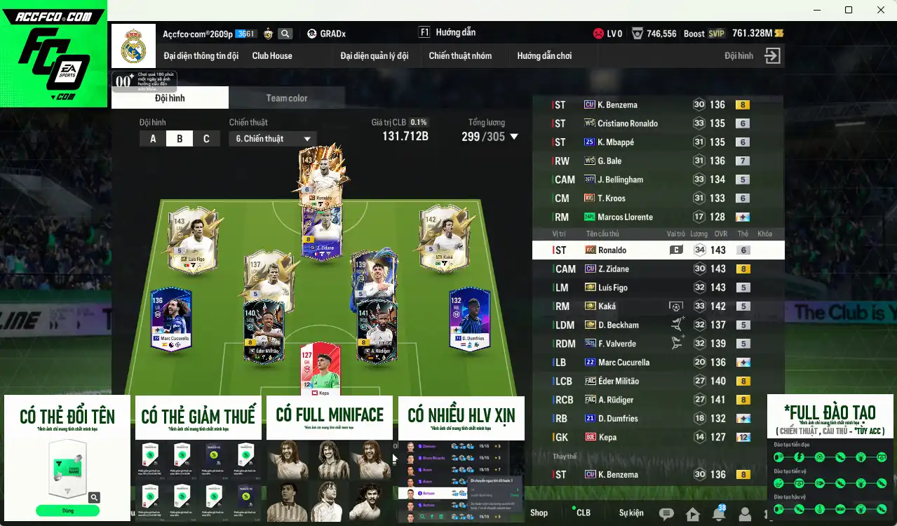 Real Madrid 131.712b có Beckham ITM, Figo ITM, Kaká ITM, Rudiger FAC, Militao FAC, Bellingham 26TY, Cucurella 22UCL+13, Dumfries 21UCL+11, Theo LOL+11…  Full miniface, còn rất nhiều thẻ GIẢM THUẾ. HLV Siêu Xịn, dư nhiều CP, đã full đào tạo chiến thuật lẫn chỉ số ct