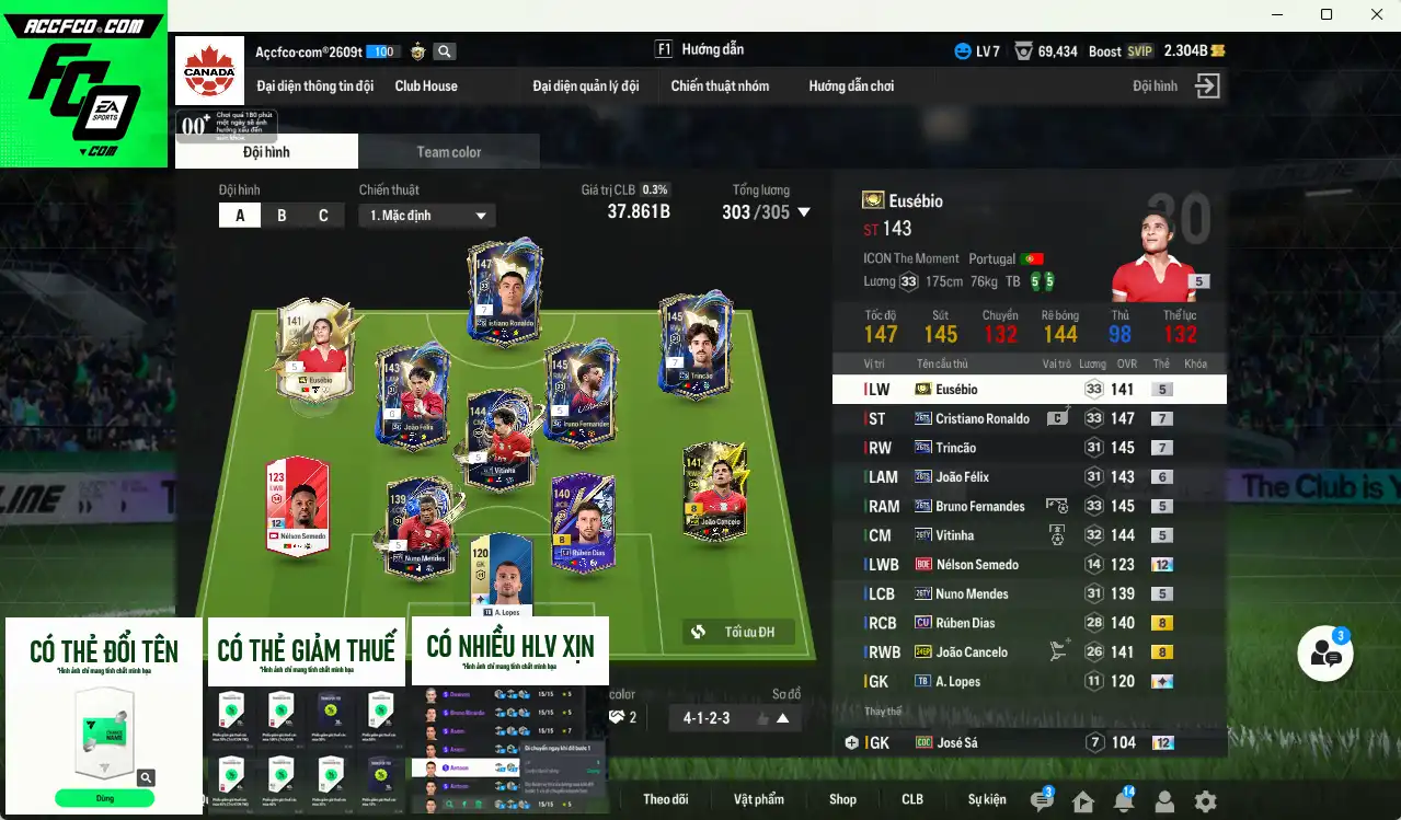 Bồ Đào Nha 37.861b dư 2.3b có Ronaldo 26TS+7, Trincão 26TS+7, Eusébio ITM, Bruno 26TS, Vitinha 26TY, Félix 26TS+6, Nuno Mendes 26TY… Còn thẻ GIẢM THUẾ. HLV Xịn