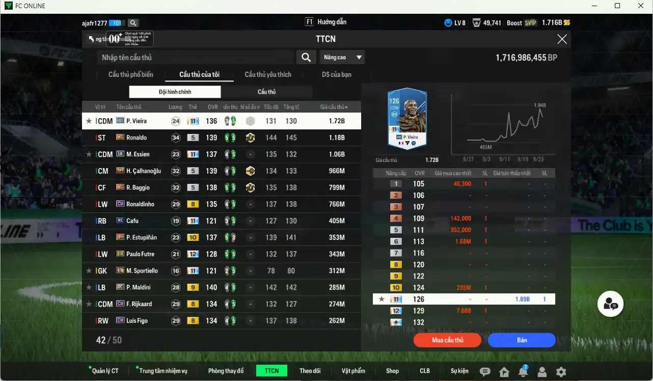 Ảnh AC Milan 12.239b dư 1,7b có Ronaldo WG, Calhanoglu WG, Baggio WG, Vieira EBS+11, Essien LN+11, Ronaldinho CU… Còn nhiều thẻ GIẢM THUẾ. HLV Xịn