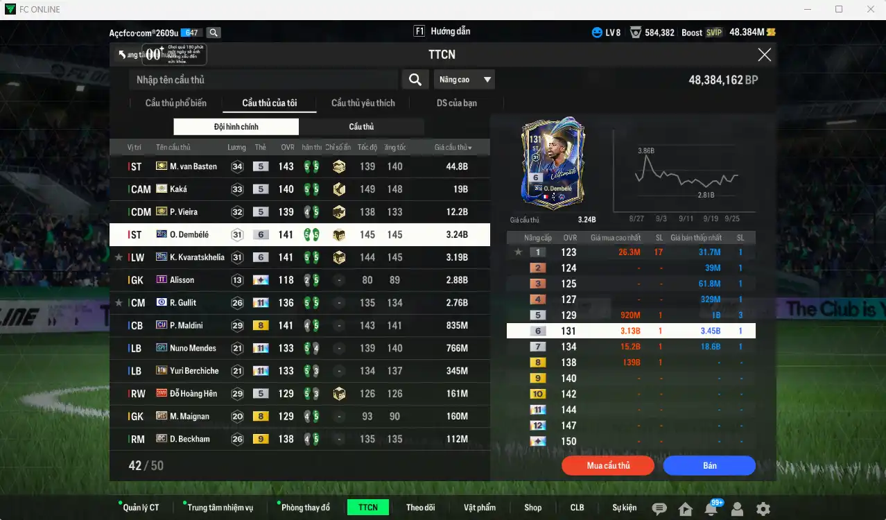 Ảnh AC Milan mix Quốc dân 90.644b có Van Basten ITM, Kaká ITM, Vieira ITM, Dembélé 26TS+6, Kvaratskhelia 26TS+6, Gullit CFA+11, Hùng Dũng IP… Full miniface, còn nhiều thẻ GIẢM THUẾ. HLV Xịn, đã full đào tạo chiến thuật, dư rất nhiều CP vs TC