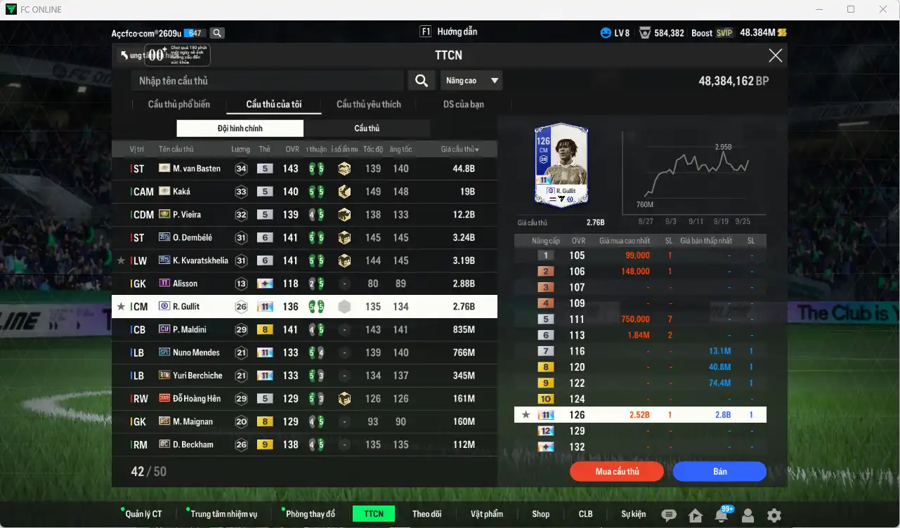 Ảnh AC Milan mix Quốc dân 90.644b có Van Basten ITM, Kaká ITM, Vieira ITM, Dembélé 26TS+6, Kvaratskhelia 26TS+6, Gullit CFA+11, Hùng Dũng IP… Full miniface, còn nhiều thẻ GIẢM THUẾ. HLV Xịn, đã full đào tạo chiến thuật, dư rất nhiều CP vs TC