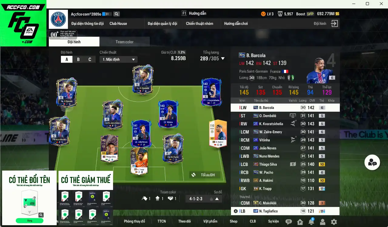 Paris Saint-Germain 8.259b có Pacho 26TS+6, Dembélé 26TS, Barcola 26TS+6, Zaire-Emery 26TS+6… Có thẻ đổi tên, còn thẻ GIẢM THUẾ