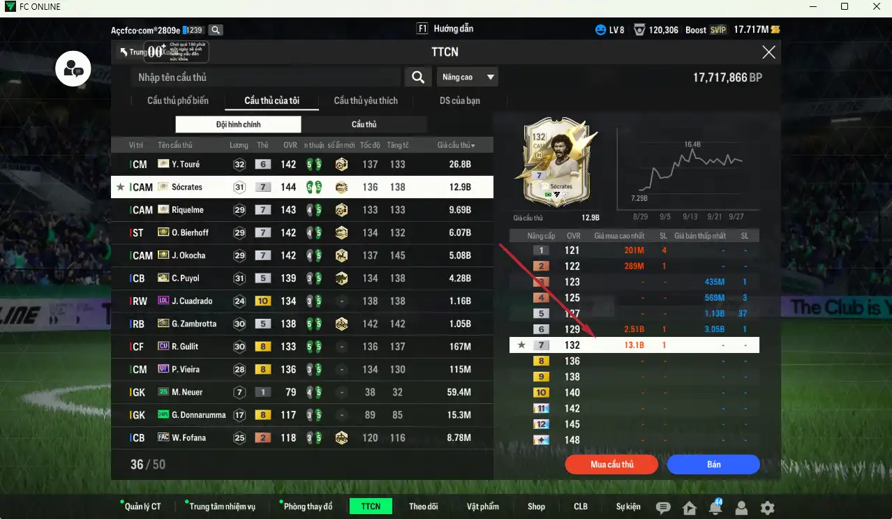 Ảnh Team ITM+7 (2 CSV) 67.418b có Sócrates ITM+7, Riquelme ITM+7, Bierhoff ITM+7, Okocha ITM+7, Touré ITM+6, Puyol ITM+5, Zambrotta ITM+5, Hùng Dũng IP… Full miniface, còn rất nhiều thẻ GIẢM THUẾ vs SVIP, HLV Xịn, đã full đào tạo, dư nhiều CP và TC