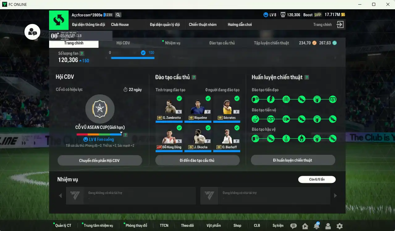 Ảnh Team ITM+7 (2 CSV) 67.418b có Sócrates ITM+7, Riquelme ITM+7, Bierhoff ITM+7, Okocha ITM+7, Touré ITM+6, Puyol ITM+5, Zambrotta ITM+5, Hùng Dũng IP… Full miniface, còn rất nhiều thẻ GIẢM THUẾ vs SVIP, HLV Xịn, đã full đào tạo, dư nhiều CP và TC