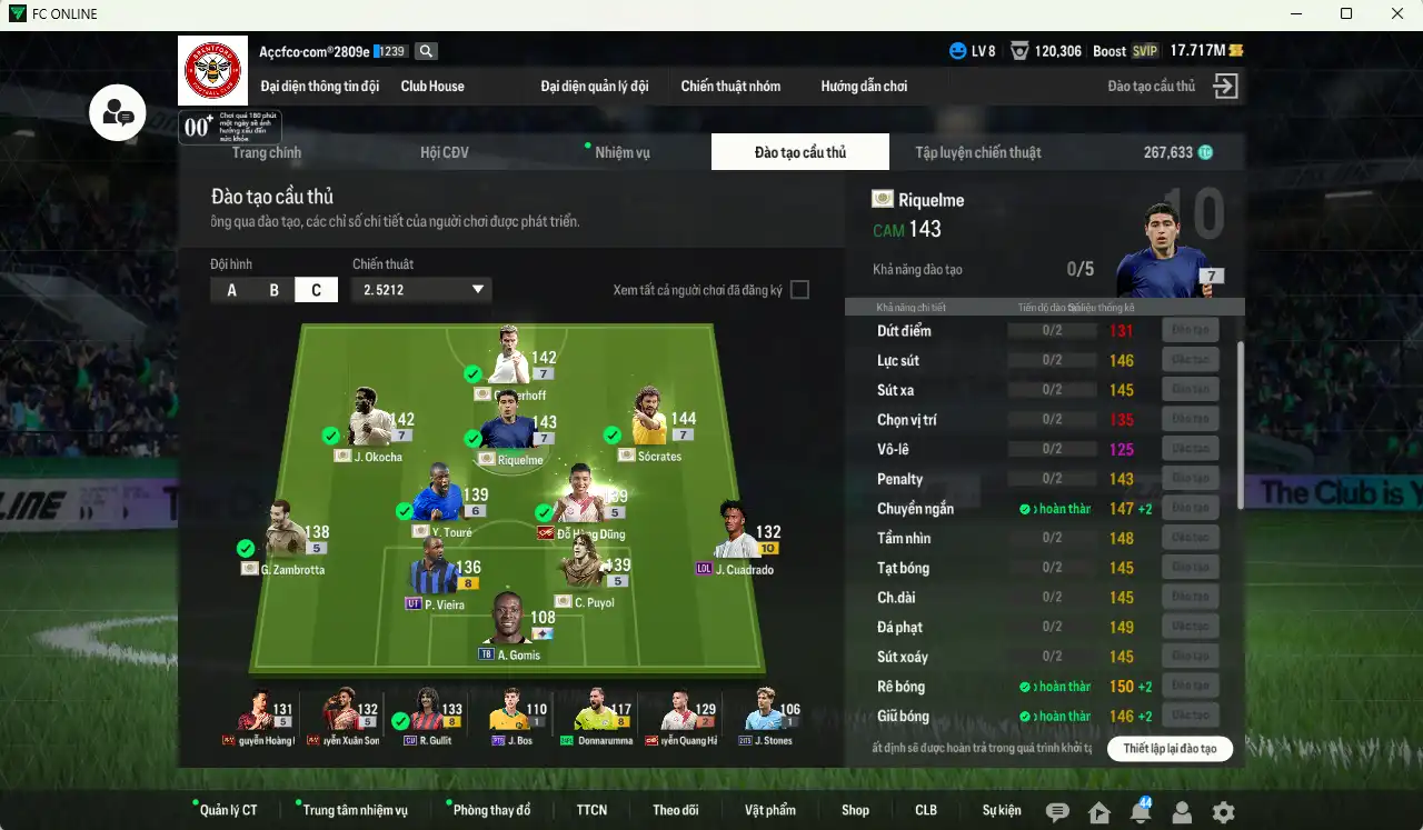 Ảnh Team ITM+7 (2 CSV) 67.418b có Sócrates ITM+7, Riquelme ITM+7, Bierhoff ITM+7, Okocha ITM+7, Touré ITM+6, Puyol ITM+5, Zambrotta ITM+5, Hùng Dũng IP… Full miniface, còn rất nhiều thẻ GIẢM THUẾ vs SVIP, HLV Xịn, đã full đào tạo, dư nhiều CP và TC