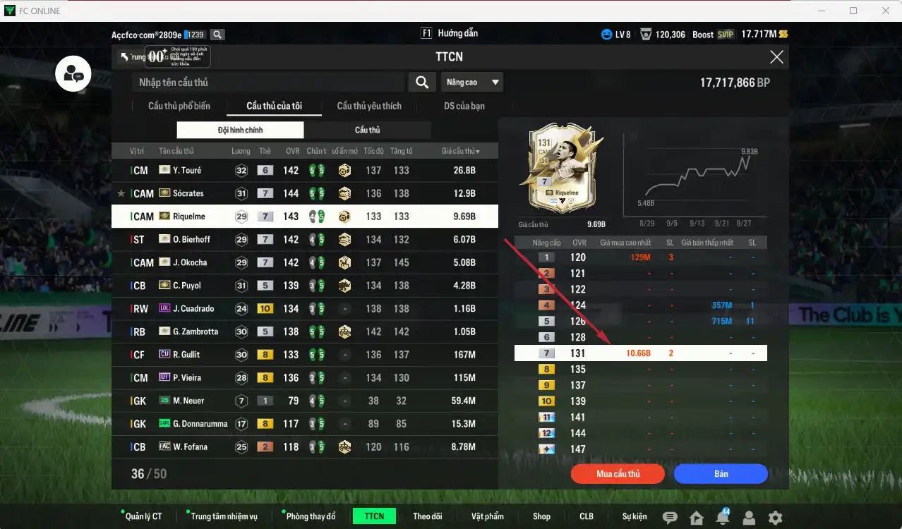 Ảnh Team ITM+7 (2 CSV) 67.418b có Sócrates ITM+7, Riquelme ITM+7, Bierhoff ITM+7, Okocha ITM+7, Touré ITM+6, Puyol ITM+5, Zambrotta ITM+5, Hùng Dũng IP… Full miniface, còn rất nhiều thẻ GIẢM THUẾ vs SVIP, HLV Xịn, đã full đào tạo, dư nhiều CP và TC