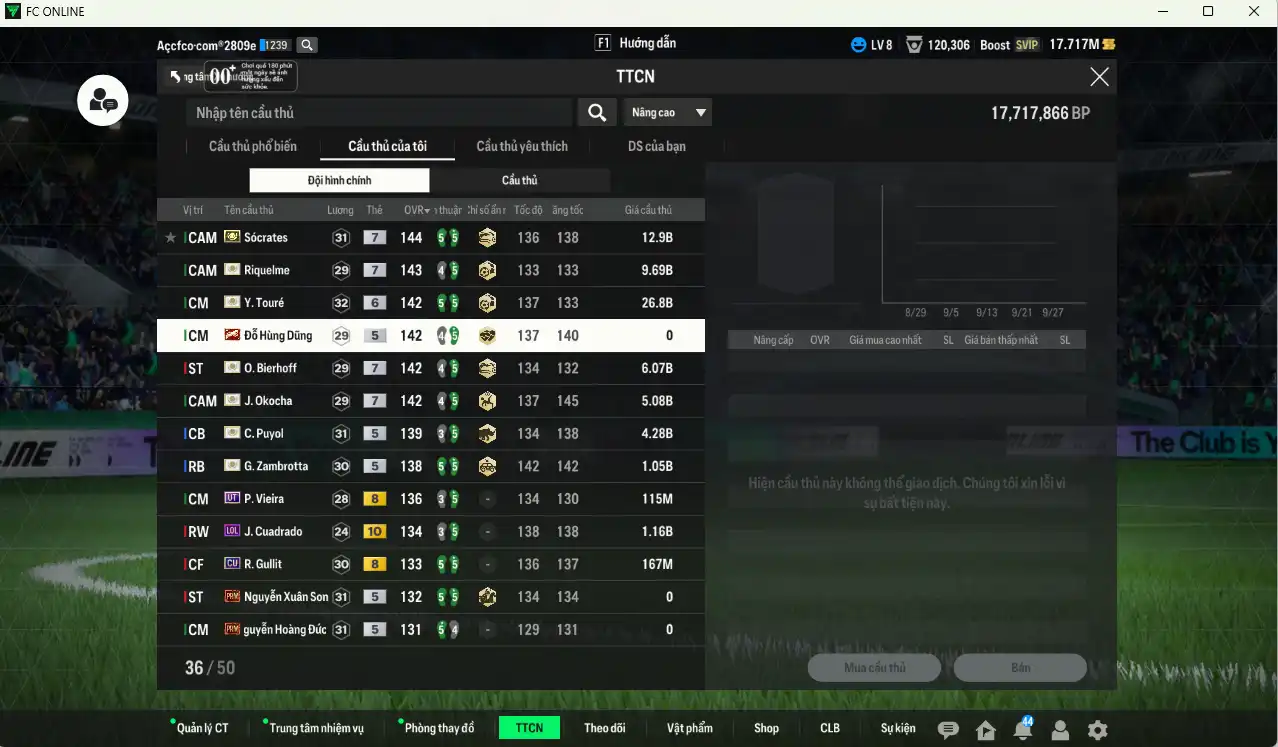 Ảnh Team ITM+7 (2 CSV) 67.418b có Sócrates ITM+7, Riquelme ITM+7, Bierhoff ITM+7, Okocha ITM+7, Touré ITM+6, Puyol ITM+5, Zambrotta ITM+5, Hùng Dũng IP… Full miniface, còn rất nhiều thẻ GIẢM THUẾ vs SVIP, HLV Xịn, đã full đào tạo, dư nhiều CP và TC