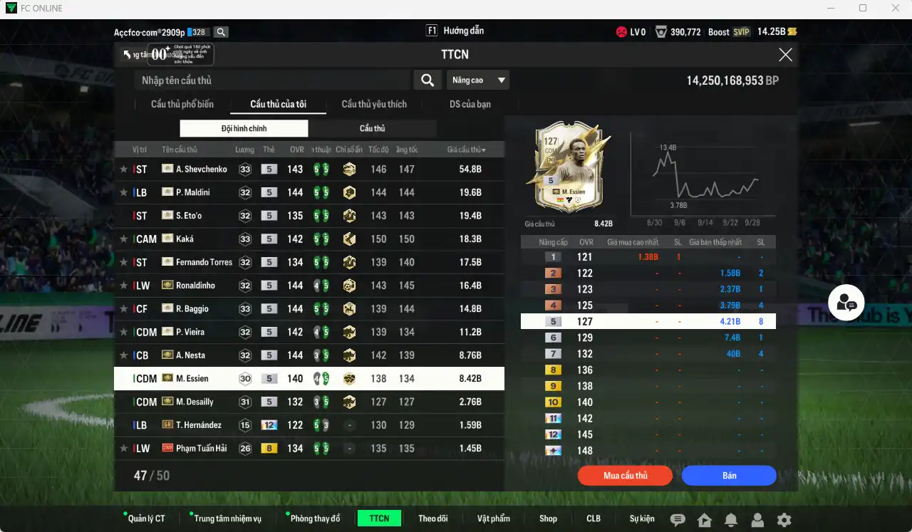 Ảnh Full mùa ITM+5 201.515b dư 14.2b có Sheva, Maldini, Kaká, Eto, Baggio, Torres, Ronaldinho, Vieira, Nesta, Desailly, Essien, Zola… ITM+5  vs Hùng Dũng, Quang Hải IP. Còn rất nhiều thẻ GIẢM THUẾ. HLV Siêu Xịn, đã full đào tạo chiến thuật lẫn chỉ số ct, dư nhiều CP