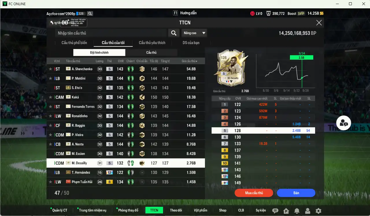 Ảnh Full mùa ITM+5 201.515b dư 14.2b có Sheva, Maldini, Kaká, Eto, Baggio, Torres, Ronaldinho, Vieira, Nesta, Desailly, Essien, Zola… ITM+5  vs Hùng Dũng, Quang Hải IP. Còn rất nhiều thẻ GIẢM THUẾ. HLV Siêu Xịn, đã full đào tạo chiến thuật lẫn chỉ số ct, dư nhiều CP