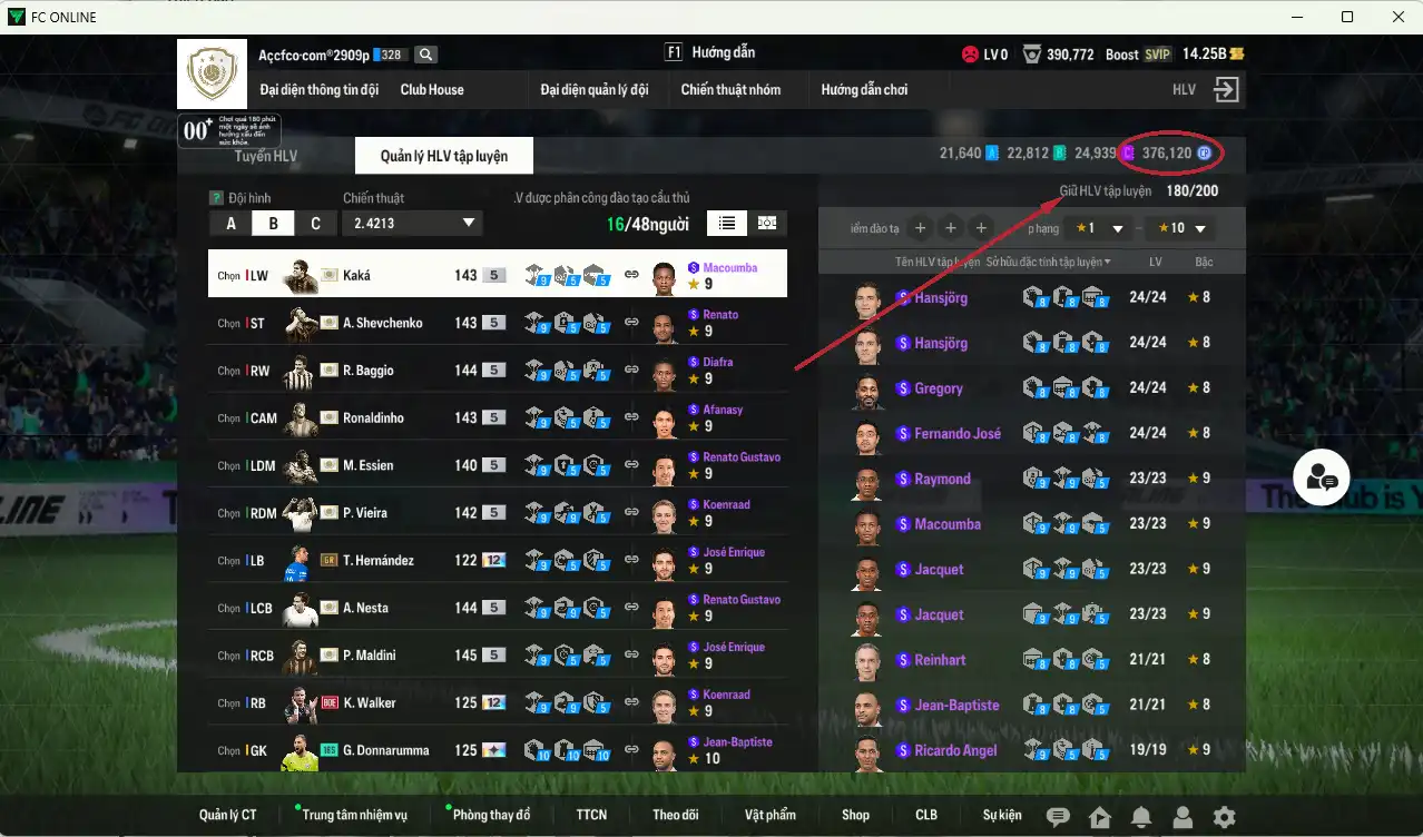 Ảnh Full mùa ITM+5 201.515b dư 14.2b có Sheva, Maldini, Kaká, Eto, Baggio, Torres, Ronaldinho, Vieira, Nesta, Desailly, Essien, Zola… ITM+5  vs Hùng Dũng, Quang Hải IP. Còn rất nhiều thẻ GIẢM THUẾ. HLV Siêu Xịn, đã full đào tạo chiến thuật lẫn chỉ số ct, dư nhiều CP