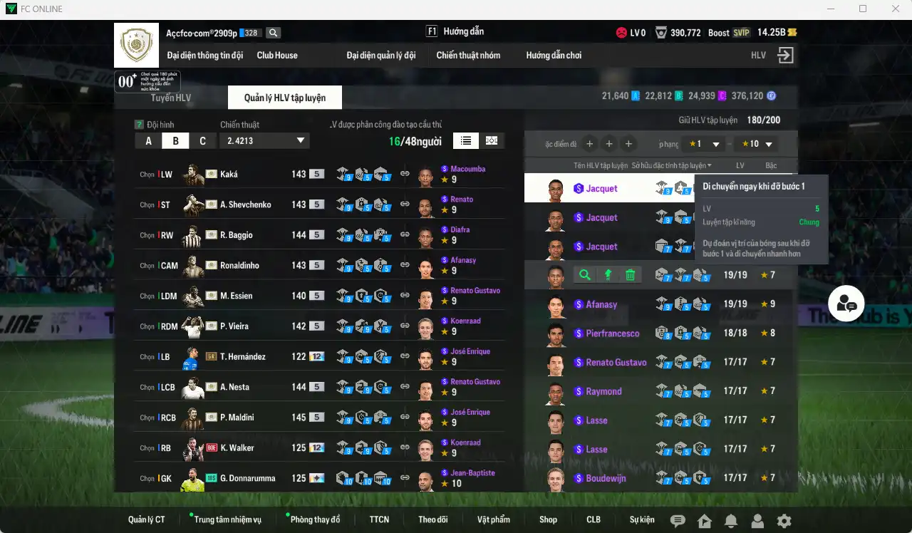 Ảnh Full mùa ITM+5 201.515b dư 14.2b có Sheva, Maldini, Kaká, Eto, Baggio, Torres, Ronaldinho, Vieira, Nesta, Desailly, Essien, Zola… ITM+5  vs Hùng Dũng, Quang Hải IP. Còn rất nhiều thẻ GIẢM THUẾ. HLV Siêu Xịn, đã full đào tạo chiến thuật lẫn chỉ số ct, dư nhiều CP