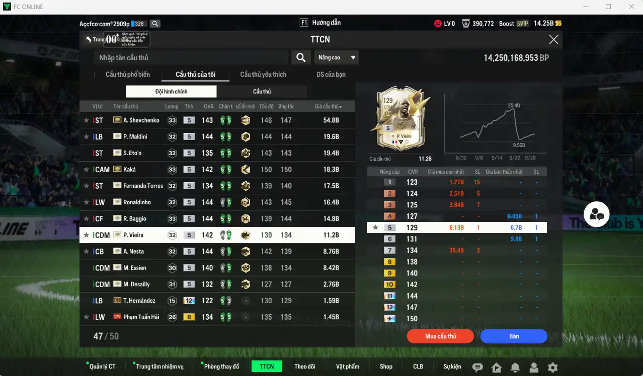 Ảnh Full mùa ITM+5 201.515b dư 14.2b có Sheva, Maldini, Kaká, Eto, Baggio, Torres, Ronaldinho, Vieira, Nesta, Desailly, Essien, Zola… ITM+5  vs Hùng Dũng, Quang Hải IP. Còn rất nhiều thẻ GIẢM THUẾ. HLV Siêu Xịn, đã full đào tạo chiến thuật lẫn chỉ số ct, dư nhiều CP