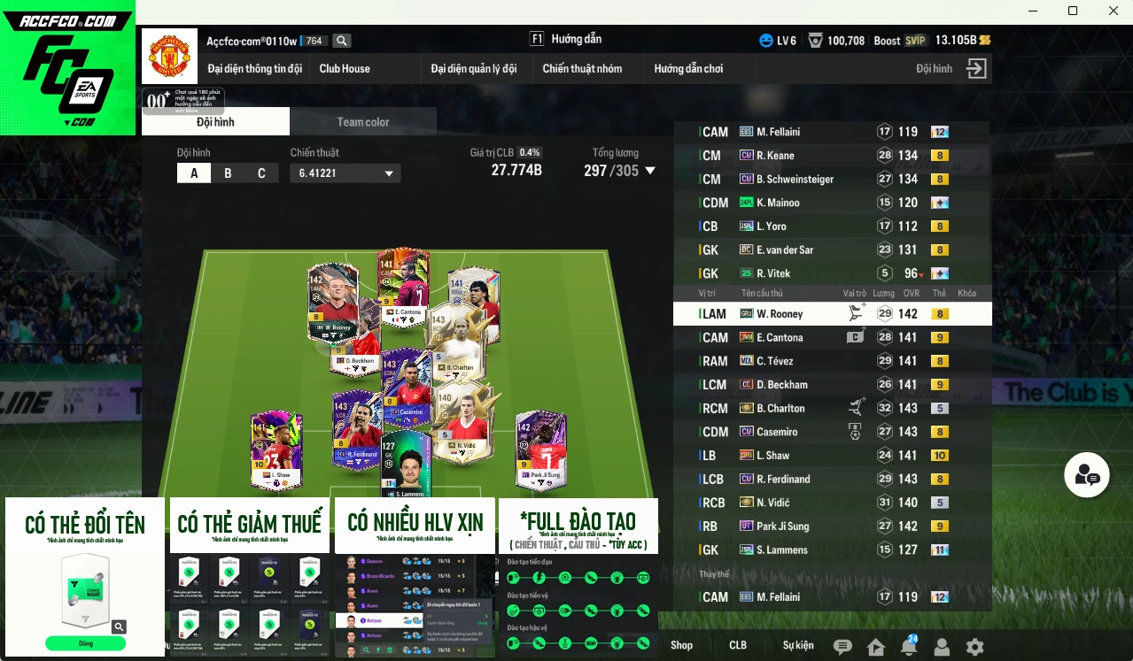 [Dư nhiều BP, Tặng 250FC] Man Utd. 27.774b dư 13,1b có Charlton ITM, Vidic ITM, Shaw 23HW+10, Rooney GRU, Lammens 25PL+11, Tévez MDL… Full miniface, còn nhiều thẻ GIẢM THUẾ vs Coin ITM. HLV Siêu Xịn, đã full đào tạo chiến thuật lẫn chỉ số ct, còn nhiều CP