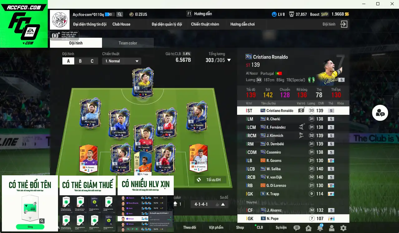 Full mùa 26TS+5 dư 1,9b có Saliba, Dembélé, CR7, Kimmich, Van Dijk, Casemiro, Cherki, Enzo… Còn nhiều thẻ GIẢM THUẾ. HLV Xịn, đã đào tạo chỉ số nhiều ct