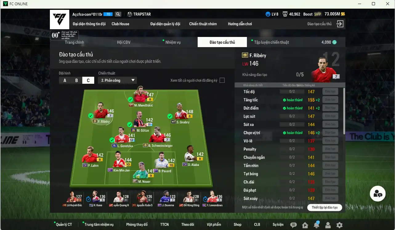 Ảnh Bayern Munich 153.050b có Ribéry ITM+7, Schweinsteiger ITM+7, Gnabry WS+8, Mandzukic SPT+8 (hiếm) , Goretzka FA+11, Kim Min Jae UT+10… HLV Xịn, đã đào tạo full chỉ số nhiều ct