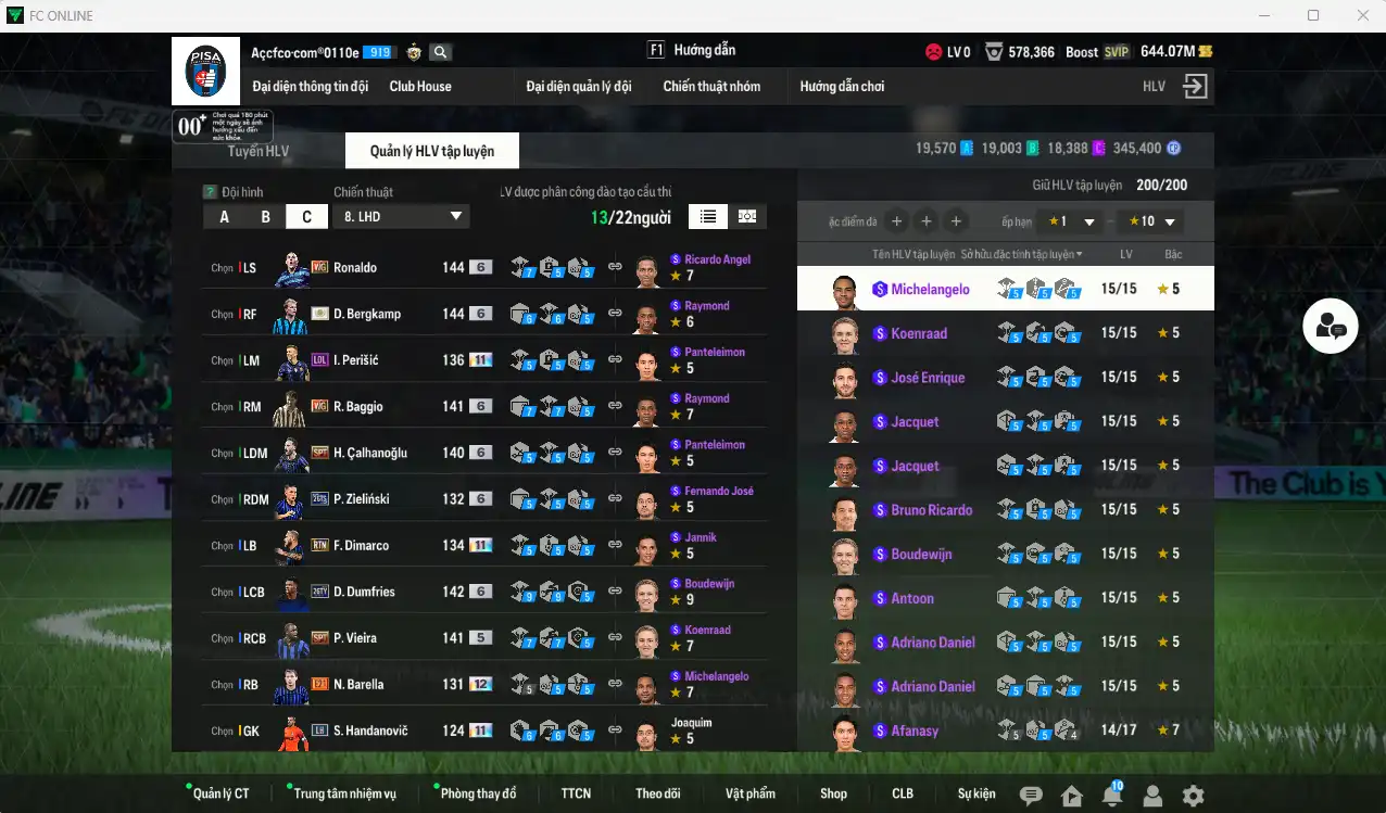 Ảnh Inter Milan 31.275b có Bergkamp ITM+6, Ronaldo WG+6, Dumfries 26TY+6, Calhanoglu SPT+6, Baggio WG+6, Zielinski 26GS+6, Vieira SPL+5… Full miniface, còn nhiều thẻ GIẢM THUẾ. HLV Xịn, đã full đào tạo chiến thuật vs chỉ số cầu thủ, còn nhiều CP