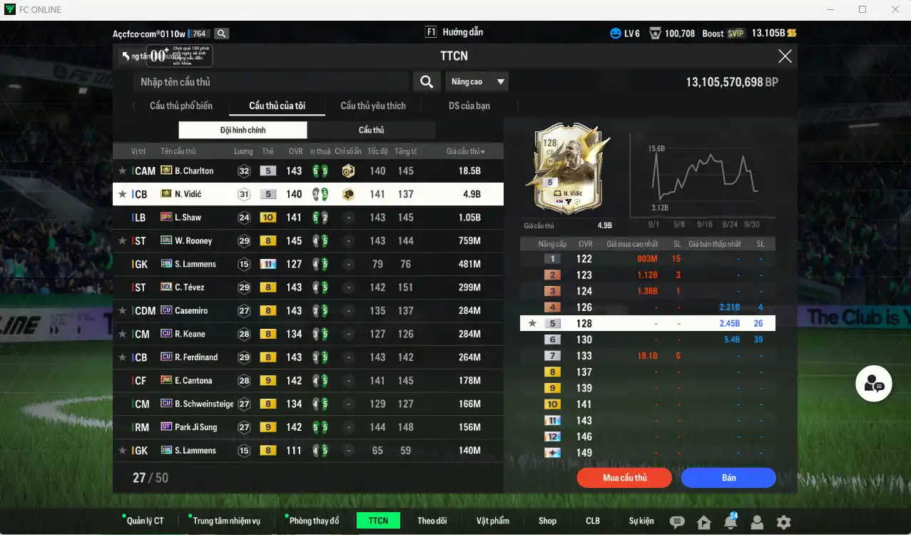 Ảnh [Dư nhiều BP, Tặng 250FC] Man Utd. 27.774b dư 13,1b có Charlton ITM, Vidic ITM, Shaw 23HW+10, Rooney GRU, Lammens 25PL+11, Tévez MDL… Full miniface, còn nhiều thẻ GIẢM THUẾ vs Coin ITM. HLV Siêu Xịn, đã full đào tạo chiến thuật lẫn chỉ số ct, còn nhiều CP