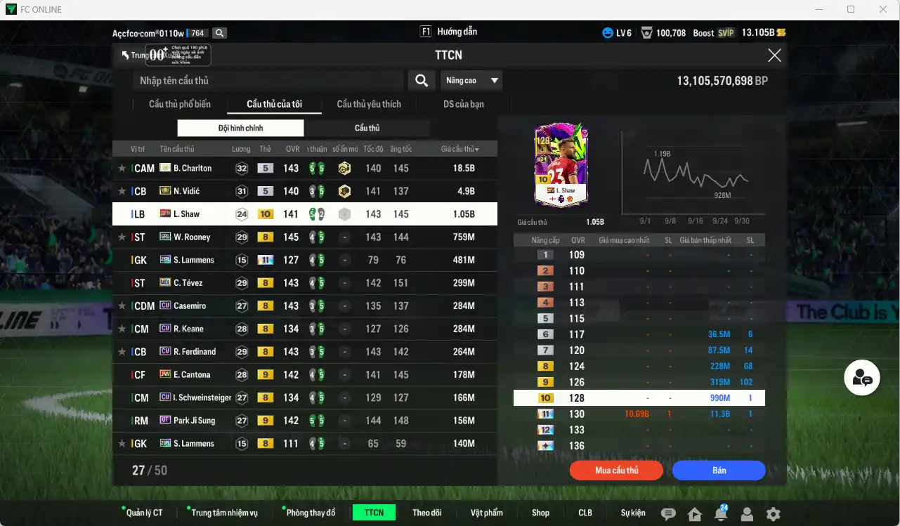 Ảnh [Dư nhiều BP, Tặng 250FC] Man Utd. 27.774b dư 13,1b có Charlton ITM, Vidic ITM, Shaw 23HW+10, Rooney GRU, Lammens 25PL+11, Tévez MDL… Full miniface, còn nhiều thẻ GIẢM THUẾ vs Coin ITM. HLV Siêu Xịn, đã full đào tạo chiến thuật lẫn chỉ số ct, còn nhiều CP