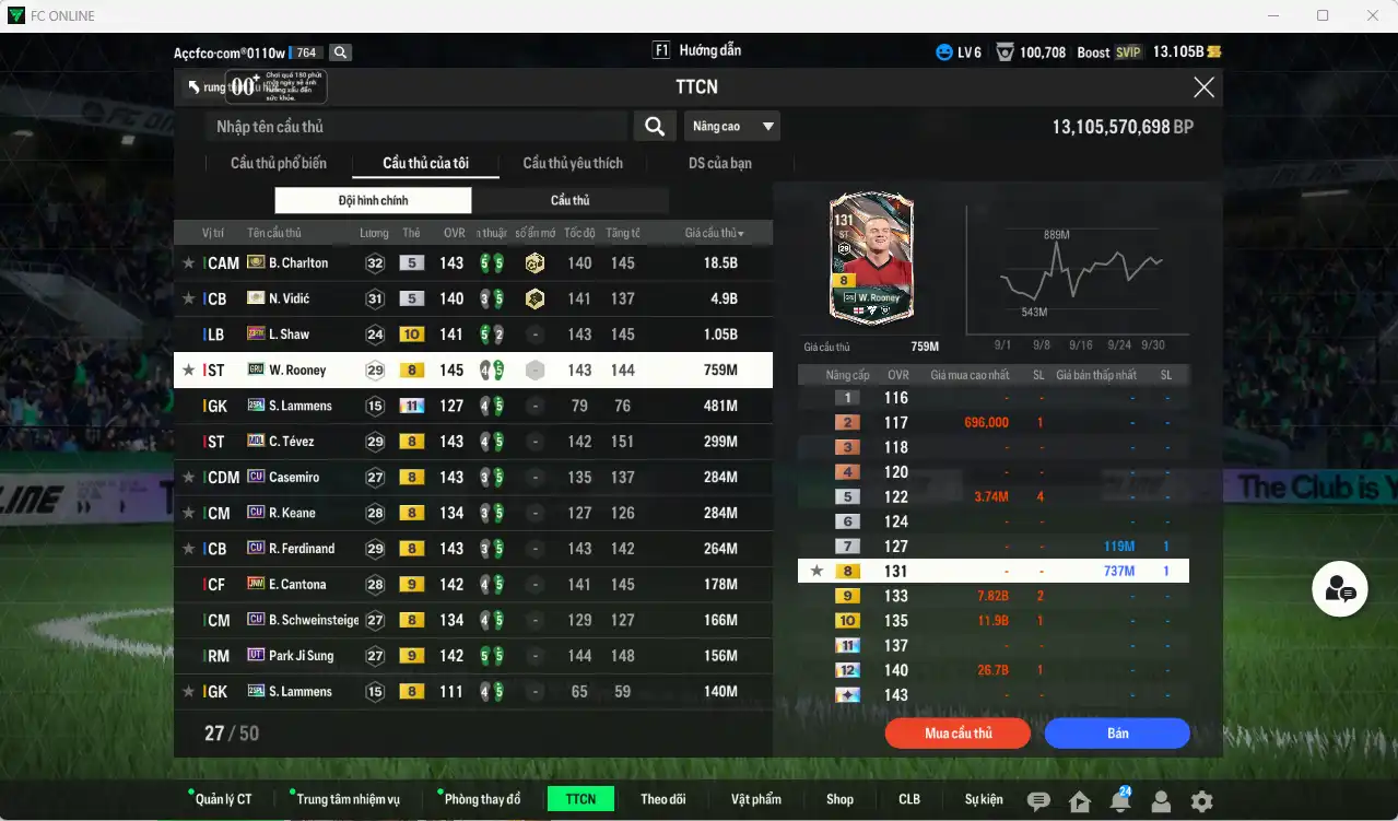Ảnh [Dư nhiều BP, Tặng 250FC] Man Utd. 27.774b dư 13,1b có Charlton ITM, Vidic ITM, Shaw 23HW+10, Rooney GRU, Lammens 25PL+11, Tévez MDL… Full miniface, còn nhiều thẻ GIẢM THUẾ vs Coin ITM. HLV Siêu Xịn, đã full đào tạo chiến thuật lẫn chỉ số ct, còn nhiều CP
