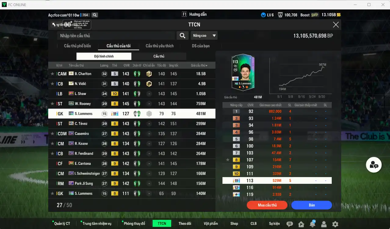 Ảnh [Dư nhiều BP, Tặng 250FC] Man Utd. 27.774b dư 13,1b có Charlton ITM, Vidic ITM, Shaw 23HW+10, Rooney GRU, Lammens 25PL+11, Tévez MDL… Full miniface, còn nhiều thẻ GIẢM THUẾ vs Coin ITM. HLV Siêu Xịn, đã full đào tạo chiến thuật lẫn chỉ số ct, còn nhiều CP