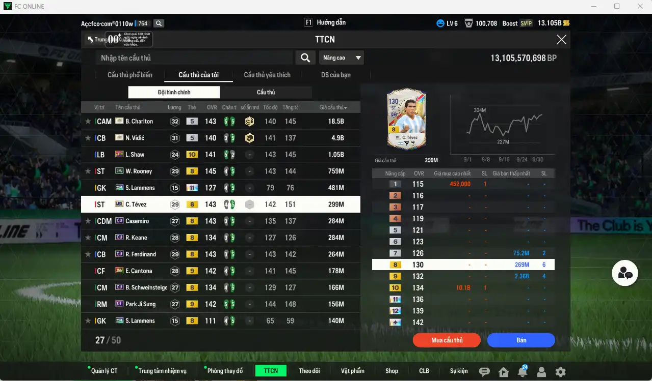 Ảnh [Dư nhiều BP, Tặng 250FC] Man Utd. 27.774b dư 13,1b có Charlton ITM, Vidic ITM, Shaw 23HW+10, Rooney GRU, Lammens 25PL+11, Tévez MDL… Full miniface, còn nhiều thẻ GIẢM THUẾ vs Coin ITM. HLV Siêu Xịn, đã full đào tạo chiến thuật lẫn chỉ số ct, còn nhiều CP