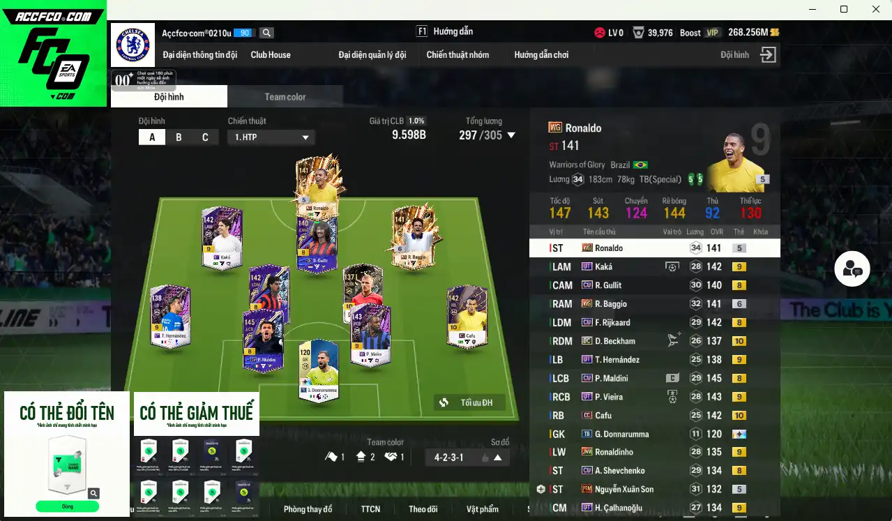AC Milan 9.598b có Baggio WG+6, Ronaldo WG, Donnarumma TB+13, Beckham DC+10, Vieira UT+9, Maldini CU, Kaká UT+9, Ronaldinho KNM+9… Còn thẻ GIẢM THUẾ.