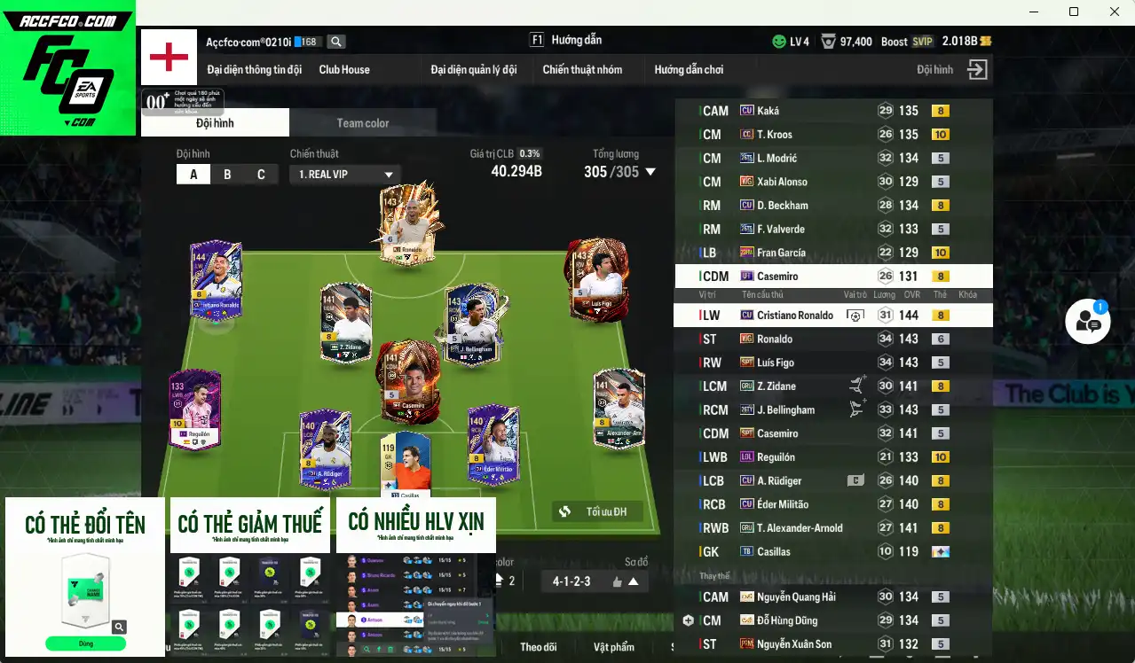 [Tặng Hùng Dũng IP, Quang Hải IP] Real Madrid 40.294b dư 2b có CR7 CU+8, Ronaldo WG+6, Bellingham 26TY, Valverde 26TS, Kaká CU, Zidane GRU, Figo SPT, Kroos CC+10…Còn thẻ GIẢM THUẾ. HLV Xịn, đã đào tạo chỉ số nhiều ct