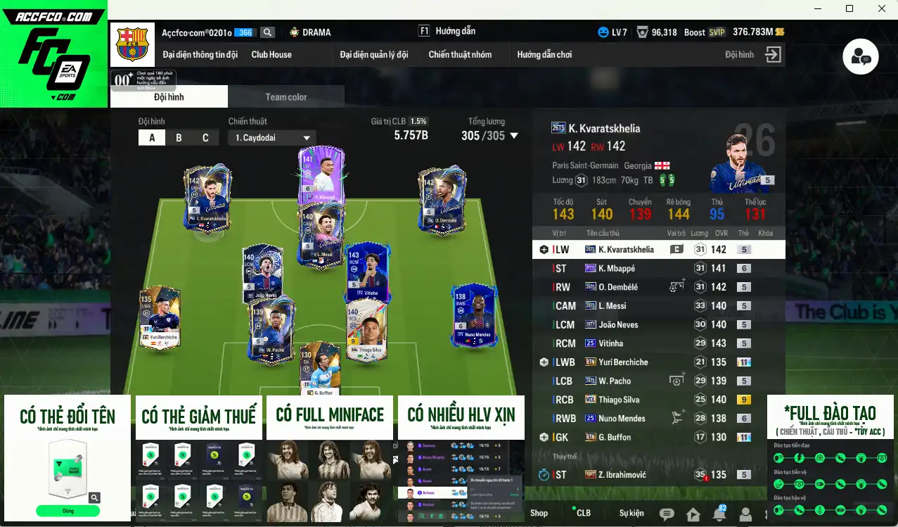 Paris Saint-Germain 5.757b có Mbappé PTG+6, João Neves 26TY, Dembélé 26TS, Kvaratskhelia 26TS, Messi 26TS, Vitinha 25UCL… Full miniface, còn thẻ GIẢM THUẾ. HLV Xịn, đã full đào tạo chiến thuật vs chỉ số nhiều ct