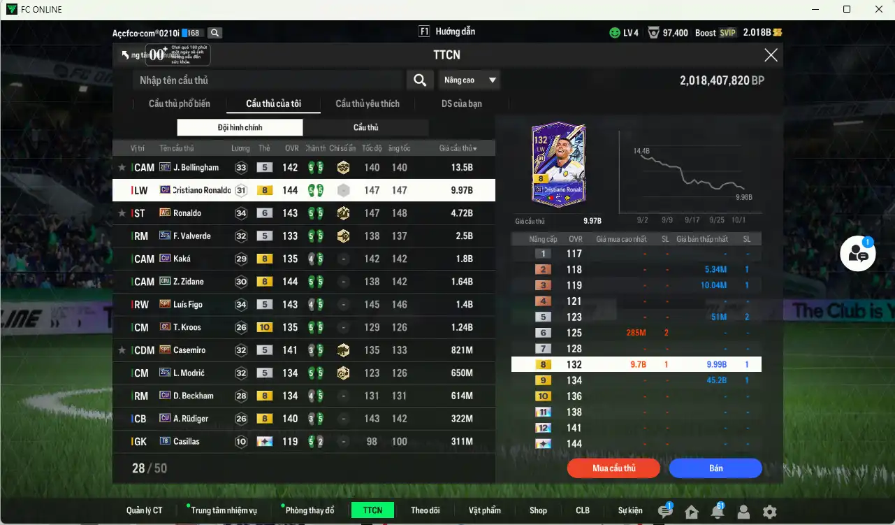 Ảnh [Tặng Hùng Dũng IP, Quang Hải IP] Real Madrid 40.294b dư 2b có CR7 CU+8, Ronaldo WG+6, Bellingham 26TY, Valverde 26TS, Kaká CU, Zidane GRU, Figo SPT, Kroos CC+10…Còn thẻ GIẢM THUẾ. HLV Xịn, đã đào tạo chỉ số nhiều ct