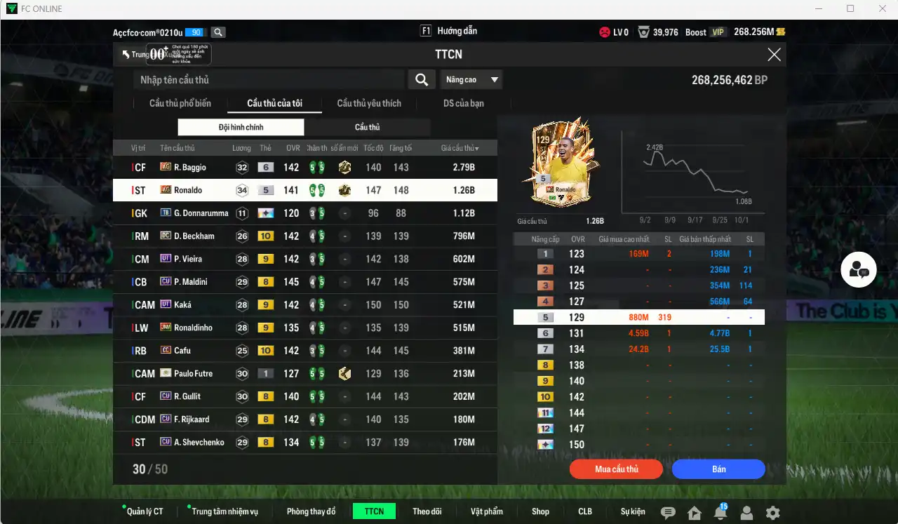 Ảnh AC Milan 9.598b có Baggio WG+6, Ronaldo WG, Donnarumma TB+13, Beckham DC+10, Vieira UT+9, Maldini CU, Kaká UT+9, Ronaldinho KNM+9… Còn thẻ GIẢM THUẾ.