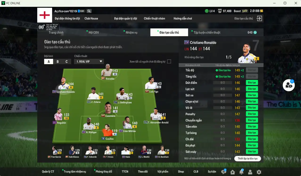 Ảnh [Tặng Hùng Dũng IP, Quang Hải IP] Real Madrid 40.294b dư 2b có CR7 CU+8, Ronaldo WG+6, Bellingham 26TY, Valverde 26TS, Kaká CU, Zidane GRU, Figo SPT, Kroos CC+10…Còn thẻ GIẢM THUẾ. HLV Xịn, đã đào tạo chỉ số nhiều ct