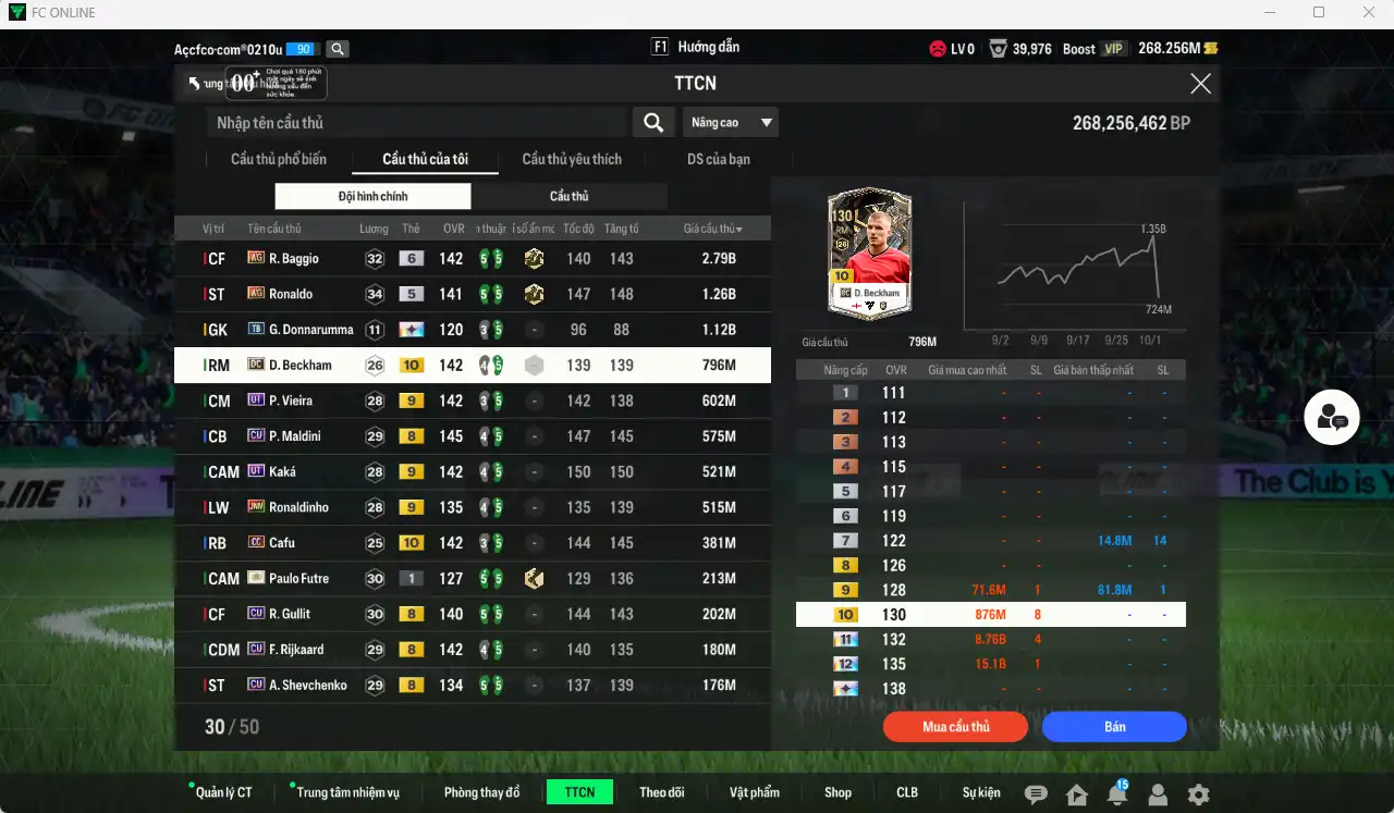 Ảnh AC Milan 9.598b có Baggio WG+6, Ronaldo WG, Donnarumma TB+13, Beckham DC+10, Vieira UT+9, Maldini CU, Kaká UT+9, Ronaldinho KNM+9… Còn thẻ GIẢM THUẾ.
