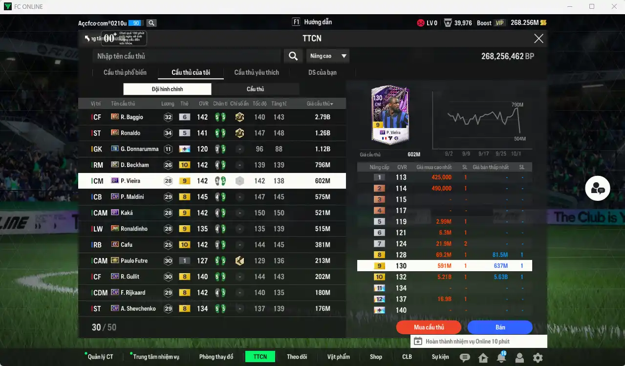 Ảnh AC Milan 9.598b có Baggio WG+6, Ronaldo WG, Donnarumma TB+13, Beckham DC+10, Vieira UT+9, Maldini CU, Kaká UT+9, Ronaldinho KNM+9… Còn thẻ GIẢM THUẾ.