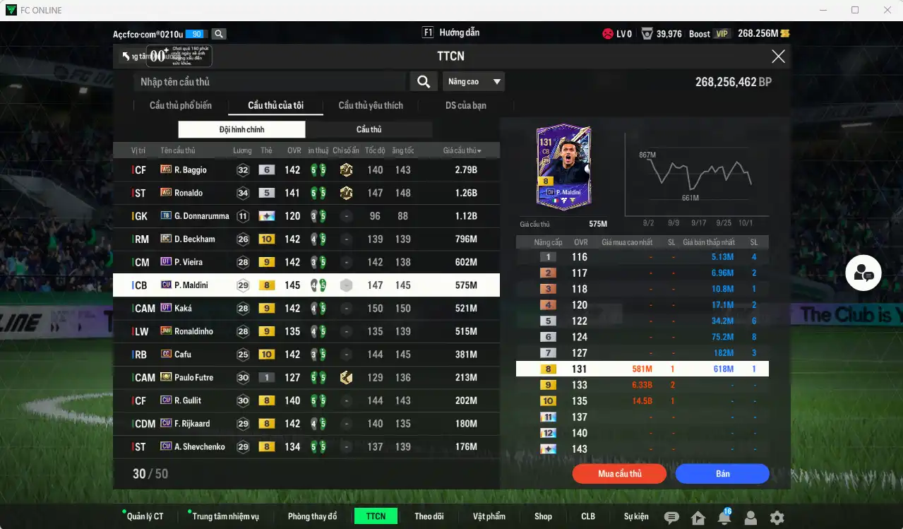 Ảnh AC Milan 9.598b có Baggio WG+6, Ronaldo WG, Donnarumma TB+13, Beckham DC+10, Vieira UT+9, Maldini CU, Kaká UT+9, Ronaldinho KNM+9… Còn thẻ GIẢM THUẾ.