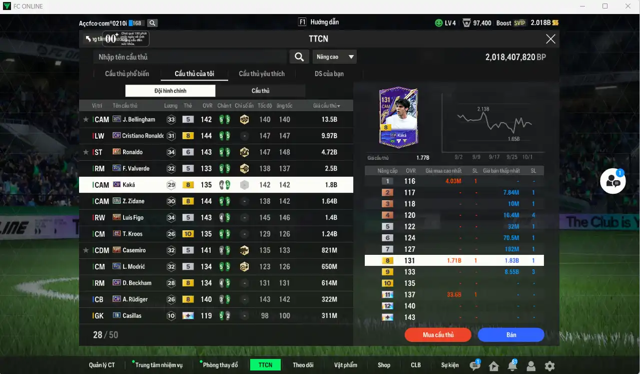 Ảnh [Tặng Hùng Dũng IP, Quang Hải IP] Real Madrid 40.294b dư 2b có CR7 CU+8, Ronaldo WG+6, Bellingham 26TY, Valverde 26TS, Kaká CU, Zidane GRU, Figo SPT, Kroos CC+10…Còn thẻ GIẢM THUẾ. HLV Xịn, đã đào tạo chỉ số nhiều ct