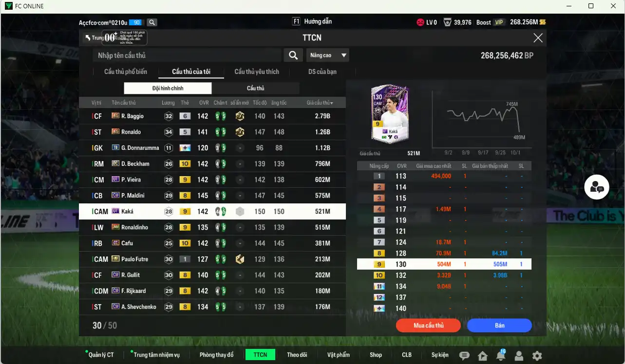 Ảnh AC Milan 9.598b có Baggio WG+6, Ronaldo WG, Donnarumma TB+13, Beckham DC+10, Vieira UT+9, Maldini CU, Kaká UT+9, Ronaldinho KNM+9… Còn thẻ GIẢM THUẾ.