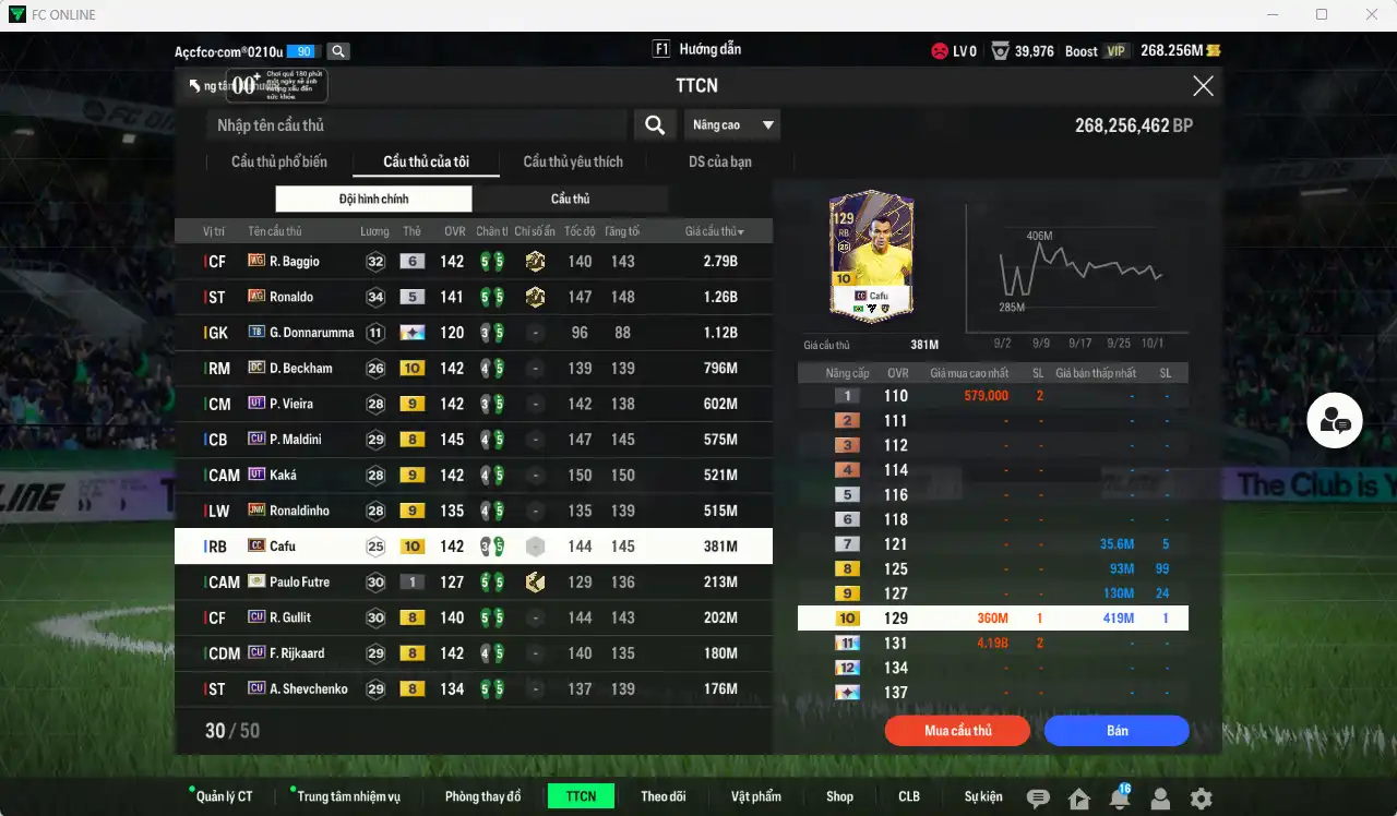 Ảnh AC Milan 9.598b có Baggio WG+6, Ronaldo WG, Donnarumma TB+13, Beckham DC+10, Vieira UT+9, Maldini CU, Kaká UT+9, Ronaldinho KNM+9… Còn thẻ GIẢM THUẾ.