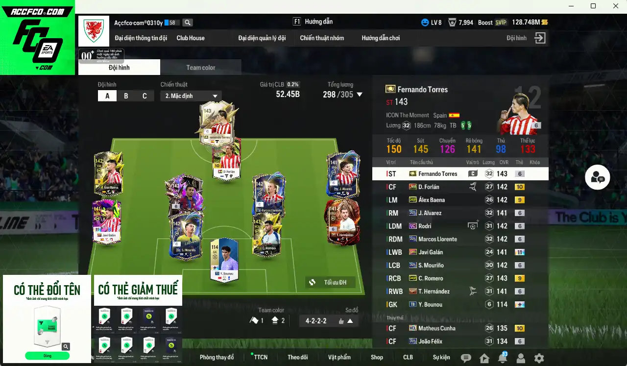 Atlético Madrid 52.450b đầu tàu Torres ITM+6 vs Rodri UC+6, Llorente 26TS+6, Theo SPL+6, Félix 26TS+6, Alvarez 26TS+6… Còn thẻ GIẢM THUẾ