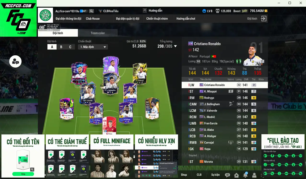 Real Madrid 51.266b có Mbappé PTG+7, CR7 CH+7, Modric CU+9, Bellingham 26TY, Valverde 26TS+6, Carvajal RTN+11, Rodrygo 24EP+9, Fran García 23HW+11… Full miniface, còn thẻ GIẢM THUẾ. HLV Siêu Xịn, đã full đào tạo chiến thuật vs chỉ số ct, còn nhiều CP và TC