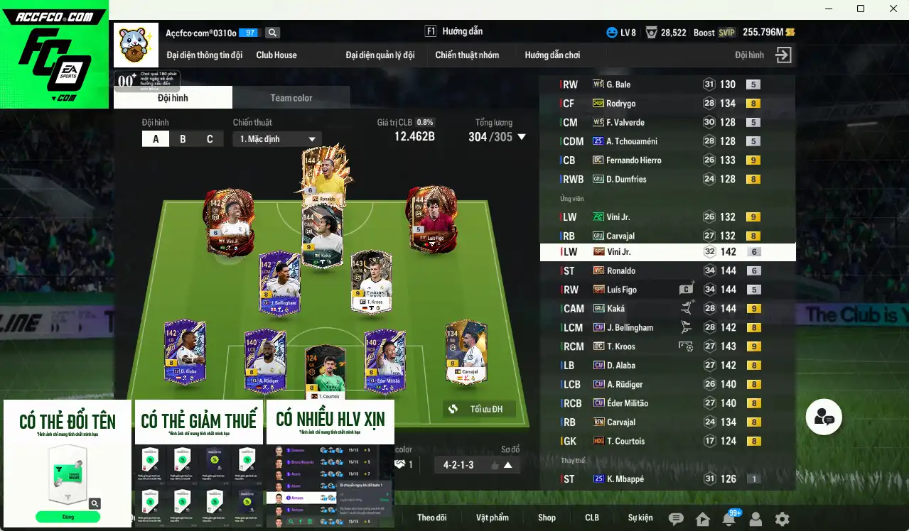 Real Madrid 12.462b có Ronaldo WG+6, Vini SPT+6, Figo SPT, Kaká GRU+9, Rudiger CU… Còn thẻ GIẢM THUẾ. HLV Xịn