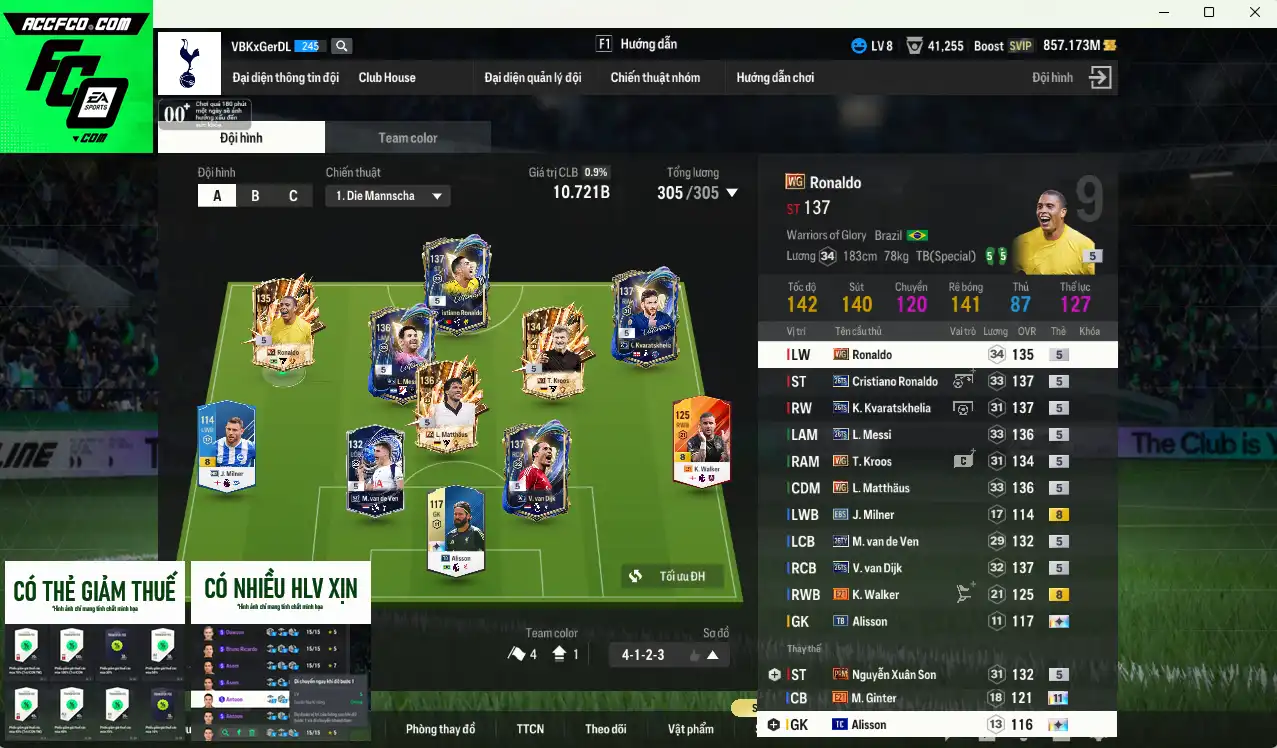Quốc Dân 10.721b có Ronaldo WG, Kvaratskhelia 26TS, CR7 26TS, Messi 26TS, Matthaus WG, Van Dijk 26TS… Còn rất nhiều thẻ GIẢM THUẾ. HLV Xịn, dư nhiều CP và TC